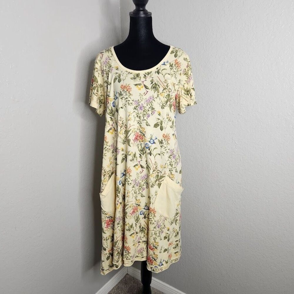 C.M.C Dress Yellow Leaf Floral Print Short Sleeve Pockets Scoop Neck A-Line M